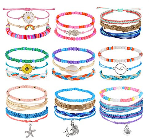 FIOROYAL 𝟑𝟎𝐒𝐭𝐤 Surfer Armband Frauen Boho Armband Set Einstellbar String Fußkettchen Armbänder Damen Perlen Muschel Armband Handgefertigt Freundschaftsarmband Set Sommer Strand Schmuck