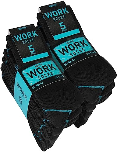 BRUBAKER 10 Paires de Chaussettes de Travail pour Hommes pour un Maintien Optimal - Chaussettes Fonctionnelles Robustes en Coton - Talon et Orteils Renforcés - Noir Turquoise - Taille 43-46