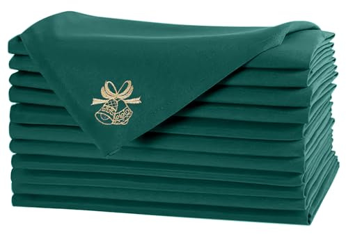WedDecor Kitchen Cloth Napkins 50 x 50 cm Green Christmas Party Napkins with Jingle Bell Printed Polyester Serviettes for Xmas, Washable and Reusable Table Dinner Napkins for Hotel, Party, Pack of 6