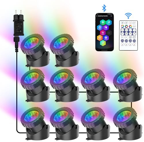 NATPOW Lumières LED Submersible RGB, 5V Couleur Changeante Spot Application Bluetooth et Télécommande, IP68 Etanche Bassin Éclairage pour Aquarium, Jardin, Cour, Piscine, Fontaine, Étang (Lot de 10)