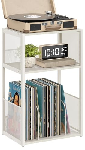 VASAGLE Record Player Stand, 3-Tier Side Table, Vinyl Record Storage up to 100 Albums, End Table for Living Room, Bedroom, Rustic White ULET275W01