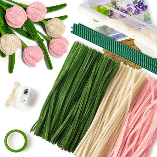 TirEurt 200 Stück Tulpe Blumenstrauß Pfeifenreiniger Set, Pfeifenputzer zum Basteln Bunt mit 3 Farben, Künstliche Blumen DIY Chenilledraht Pfeifenreiniger Geschenke für Hochzeit Bastelprojekte (Rosa)