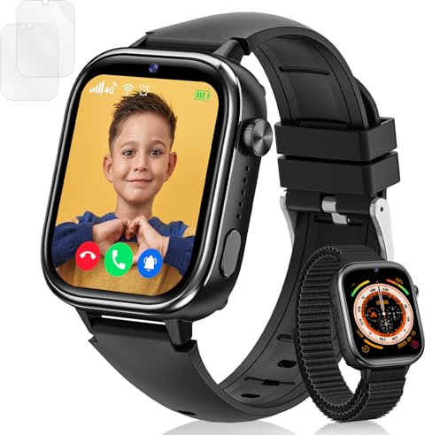 Minilandia 4G Kinder Smartwatch, HD Video und Anruf, Kids Smartwatch mit Familien Chat, SOS, GPS, Spiel, Klassenmodus, Schrittzähler, Wasserdicht Kinder Uhr, Geschenke für Mädchen Jungen (Schwarz)