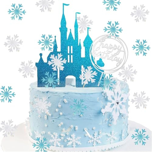 HCRXVV Decoración para tartas de princesa Castillo, 42 unidades, decoración de cumpleaños con castillo, decoración de pastel azul para niños y niñas, Navidad, plata, copos de nieve, decoración de boda