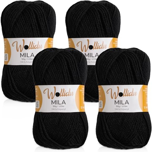 Wollidu Mila garn för virkning och stickning 4 x 50 g/133 m stickgarn 100 % polyakryl virkgarn svart