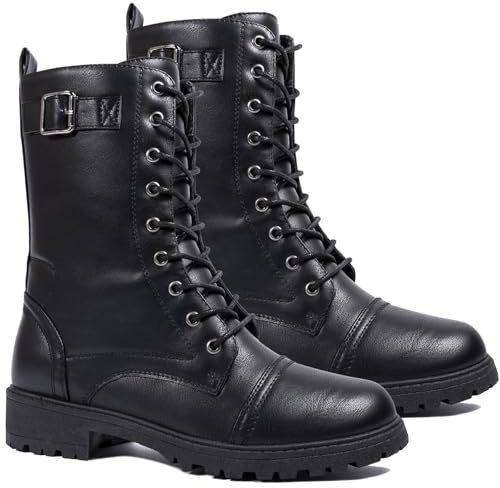 A2Z Ladies Combat Boots Lace Up PU Leather Ankle Boots Buckle Detail Military Style Mid Calf Chunky Sole Fashion Boots Comfortable Casual Outdoor Walking Womens Boots UK Sizes