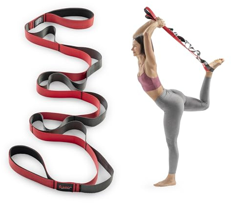 Sunny Health & Fitness Premium Yoga Stretch Strap with 8 Individual Grip Loops - 75 x 1.5 Durable Polyester Stretching Strap for Flexibility, Physical Therapy, Pilates, and Full Body Workouts