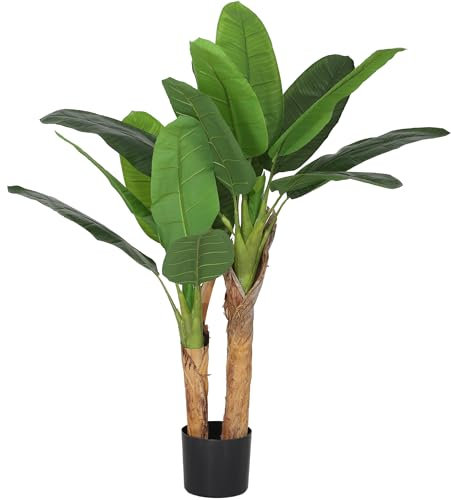 HOMCOM Pianta Artificiale di Banano Alta 120 cm con Vaso Incluso, Pianta Finta con 2 Tronchi e 15 Foglie per Interni, Verde