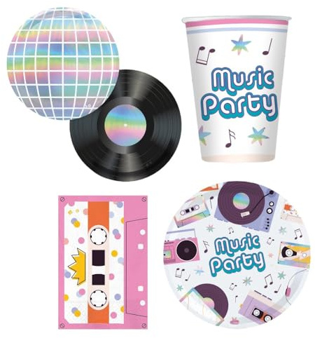 Kit Festa Music Party Piatti a Forma di Disco e Palla da Discoteca, Bicchieri, Tovaglioli a Cassetta Radio e Tovaglia Rosa per un Party a Tema Musica Unico - Varzi dal 1956 (Kit 36 Persone)