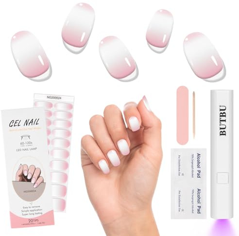 BUTBU Semi Cured Gel Nail Strips, 20 Pcs Gel-Nail Stickers with Mini UV Lamp, Self-Adhesive Waterproof Nails Wraps, gel nail-Polish-Strips with nails File for DIY nail-Art (Gradient)