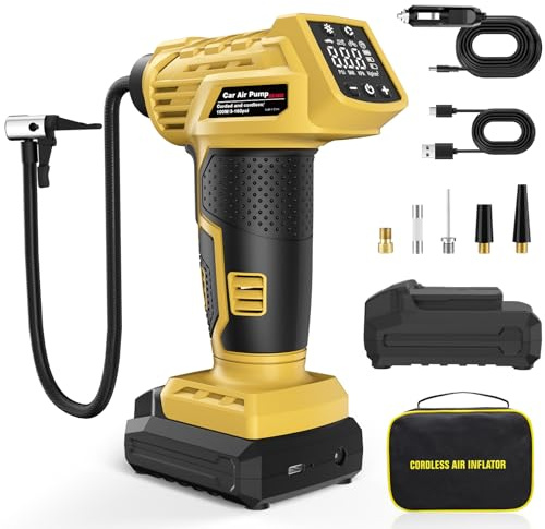 Tire Inflator Portable Air Compressor, 160PSI Large Full-Screen display Portable Air Pump with Digital Pressure Gauge, Rechargeable Battery Powered Portable Air Compressor with 12V DC Adapter