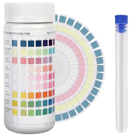 Lot de 100 bandelettes de test 9 en 1 pour aquarium, Test d'eau pour Aquarium, test de pH nitrite, nitrate, dureté totale, chlore libre, alcalinité, carbonate, eau salée précise, eau douce d'aquarium