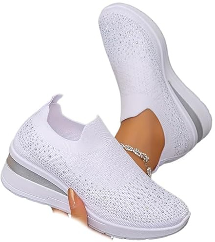 Baskets compensées respirantes avec strass pailletés pour femme - Sans lacets - Chaussures à enfiler, blanc, 40 EU