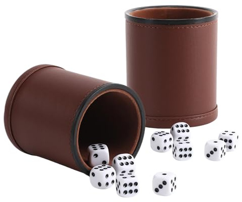 Lot de 2 gobelets en cuir avec 10 dés - Pour adultes - Pour jeux décontractés - Bar - Puzzle - Accessoires de jeu - Marron