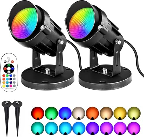 Wekity 6W RGBW Garden Spot Lights, 16 Colors Outdoor LED Spotlight with Remote, Waterproof Pathway Lighting with Base and Stake for Plant Picture Party, 2 Pack (RGB, 2 Pack)