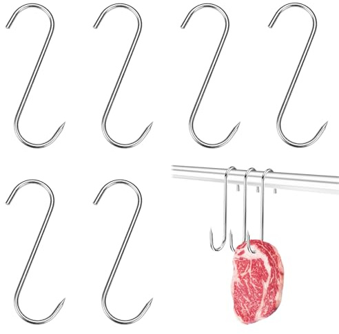 6 ganchos para ahumar pescado, ganchos para carne, acero inoxidable, ganchos en S, acero inoxidable, diámetro de 5 mm, carga de 25 kg, ganchos para carniceros, agricultores