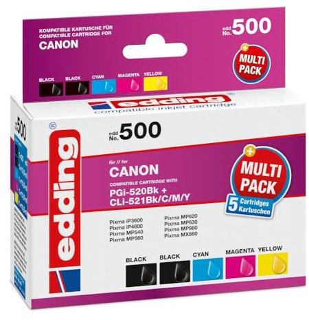 edding Druckerpatrone EDD-500 - Multipack 5 - 2x Schwarz, Cyan, Magenta, Gelb - 1x 20 ml + 4x 10,5 ml - Reichweite 1x 405 4x 960 Seiten - Ersetzt Canon PGI-520/CLI-521BK/C/M/Y
