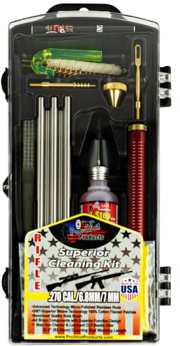 Pro-Shot .270/6.8mm / 7mm Rifle Cleaning Kit – Stainless Micro-Polished Rods, Brass Jag, Bore Brush, Cotton Mop, Patches, CLP & Grease for Hunting Rifles – Made in USA