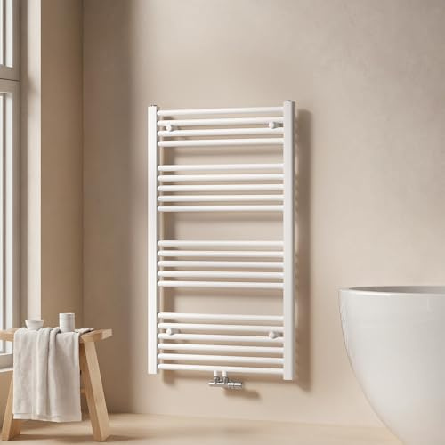EMKE Badheizkörper 1000x600 mm - Gerade Handtuchheizkörper mit Mittelanschluss, Effizienter Handtuchwärmer Handtuchtrockner Heizkörper für Bad, Weiß, 498W