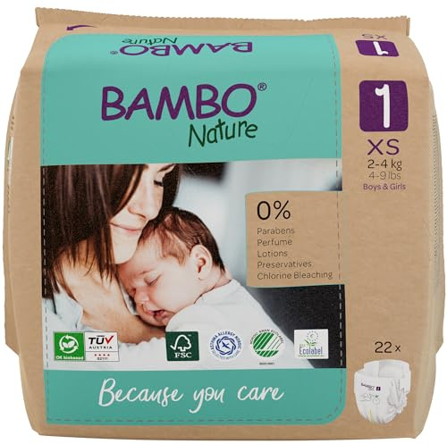 Bambo Nature Premium Eco Nappies, Size 1 (4-9 lb/2-4 kg), 22PK, Eco-Labelled Newborn Nappy, Enhanced Leakage Protection, Secure and Comfortable Baby Nappies, Newborn Essentials