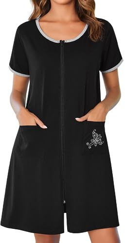 Ekouaer Zip Up Robes for Women Short Sleeves Zipper House Coat Short Bathrobes Lightweight Nightgown with Pockets S-3XL