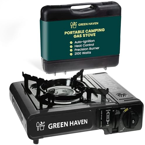 GREEN HAVEN Portable Camping Stove with Cary Case - Premium Camping Gas Stove, EN417 Compliant, Portable Gas Stove with Automatic Ignition & Heat Control, Black