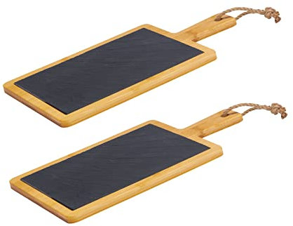 Westmark Lot de 2 Planches de Service rectangulaires en Bambou et Ardoise Naturelle avec poignée - Dimensions : 32 x 18 x 1 cm - Bambou/Ardoise, Tapas + Amis - Marron Clair/Anthracite