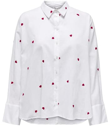 ONLY Onlnew Lina Grace LS Emb Camiseta Wvn Blusas, Blanco Brillante/AOP:Heart, XS para Mujer