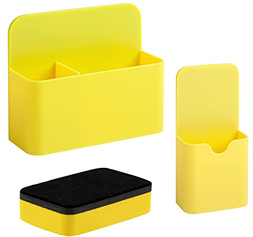 Lot de 2 porte-stylos magnétiques, porte-stylos magnétiques, porte-marqueurs magnétique pour tableau blanc, réfrigérateur, école, bureau, avec éponge pour tableau blanc (jaune)