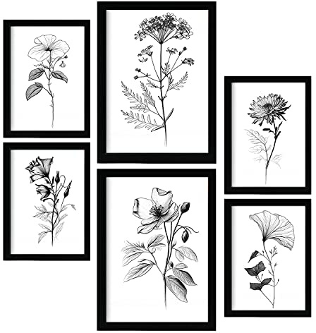 Nacnic Posters di Fiori che Sbocciano. Manifesti di Natura e Botanica con Temi Floreali nel Classico Bianco e Nero. Progettazione e decorazione d'interni. A4 & A3 Cornici nere.