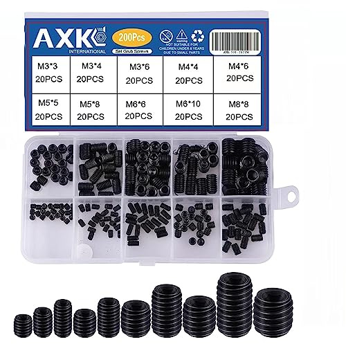 AXK 200PCS Black Oxide Alloy Steel Flat Point Grub Screws, M3-M8 Hex Headless Fasteners for Lathe & Heavy Fixtures
