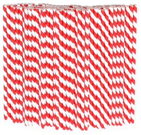 26 x 0.6 cm Long Paper Drinking Straws with Red and White Stripes - Pack of 100 for Birthdays, Weddings, Events, Parties