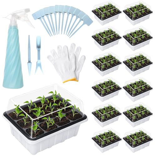 GAESHOW 12 Stück Zimmergewächshaus Anzuchtkasten, 144 Gitter Mini Gewächshaus Anzucht Set mit erhöhten Deckel, Wiederverwendbar Anzuchtplatte, Gewächshaus Anzucht Tabletts für Sämling Pflanze