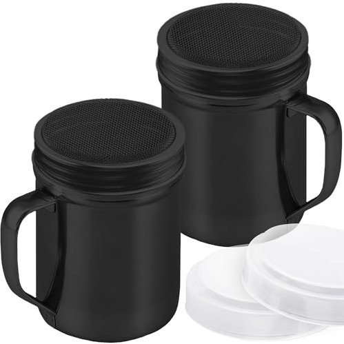CUSINIUM 6 Ounce Black Powder Sugar Shaker With Handle - Fine Mesh - With Plastic Cap - Pack of 2