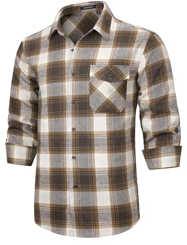 HISDERN Camicia di Flanella da Uomo Camicie a Quadri Casual Camicia a Maniche Lunghe Scozzese Camicie da Boscaiolo in Cotone per Uomo Marrone XL
