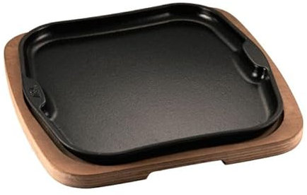 Plato para Servir de Hierro Fundido Gourmet con Bandeja de Madera, 25 x 25 cm