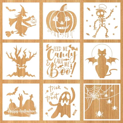 9uds Plantillas Dibujar Halloween, Plantillas Pintar Halloween Reutilizables Varios Patrones Pintura Aerosol Herramientas Pintura Fáciles Limpiar Suministros Decoración Halloween(Estilo 1)