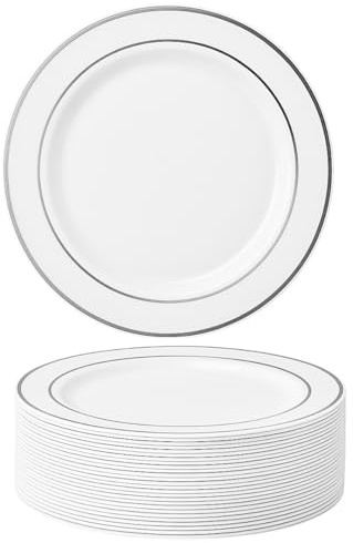 MATANA 25 premium vita plasttallrikar med silverkant (26 cm) – robusta och återanvändbara tallrikar för fester, bröllop, födelsedagar, jul