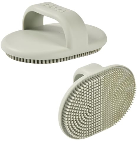 BÉABA, Cepillo de Baño de Silicona para Bebé, Aseo para Bebé, 2 Caras, Cerdas finas para masajear al bebé, Cerdas gruesas para la costra láctea, 100% Silicona Suave, Gris Verde