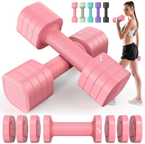 Sportneer Dumbbells Set Women, Adjustable Dumbbells Pair 2–5lbs (0.9–2.3kg), 4-in-1 Weights Dumbbells Set, Compact Weights for Women Home Gym Fitness Training (Pink)