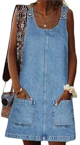 Sawmew Robe en jean pour femme, sans manches courte en jean robe salopette d'été couleur unie décontractée pour loisirs(L)