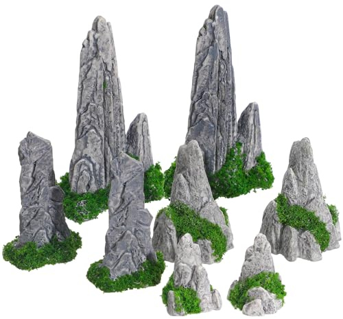 Housoutil Miniature Rockery Ornaments, 8PCS Simulated Resin Mountain Decor Set, Bonsai Fake Rockery Fairy Garden Accessories, Fish Tank Decorations, Micro Landscape Bonsai Stones, Zen Terrarium Setup