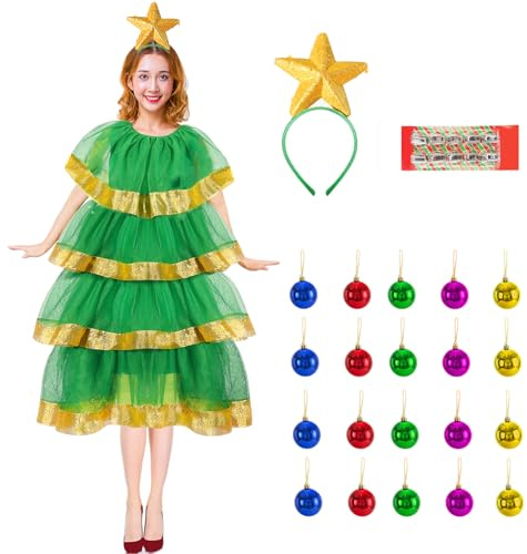 Mprocen Julgran kostym dam 47 st julfest outfit med LED-ljuskedja grön guld rolig fest dekoration karneval karneval tillbehör (S)