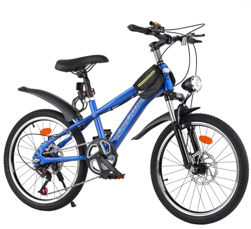 LNRLZYLS Kids Bike for Boys & Girls Ages 7–12, 20/24 Inch Mountain Bicycle with 7-Speed Gear, Dual Disc Brakes, Suspension Fork, LED Headlight – Youth Bike for Outdoor Riding (Blue, 20 inch)