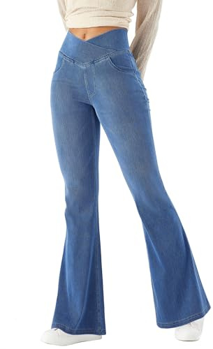 LaiEr Donna Bootcut Jeans V Crossover Vita Alta Pull on Casual con Controllo Pancia Skinny Yoga Pants,Denim ad Alta Elasticità in Tessuto Morbido,Pantaloni Fitness a Campana,Blu Medio,L