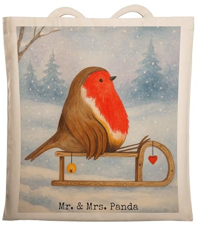 Mr. & Mrs. Panda Uni Tasche Rotkehlchen Schlitten Design - Geschenk, Weihnachten, Schultasche, Vogel, Tote Bag, Shopping, Laptoptasche, Einkaufstasche