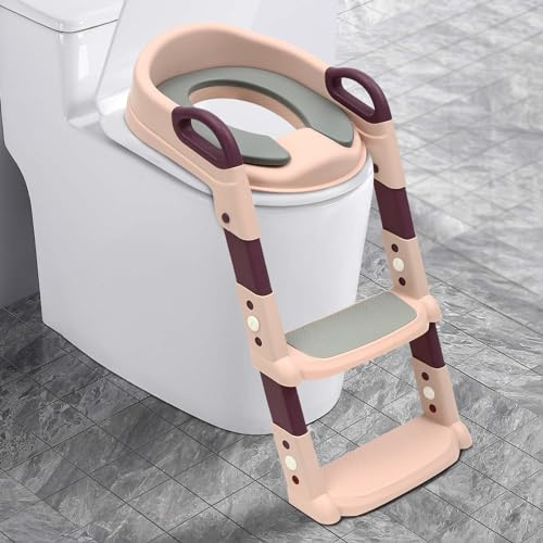 Sedile WC per bambini con scale, cuscino in poliuretano rimovibile, regolabile in altezza 2-7 anni, sedile WC pieghevole con scala, antiscivolo e sicuro per WC V/U/O (rosa)