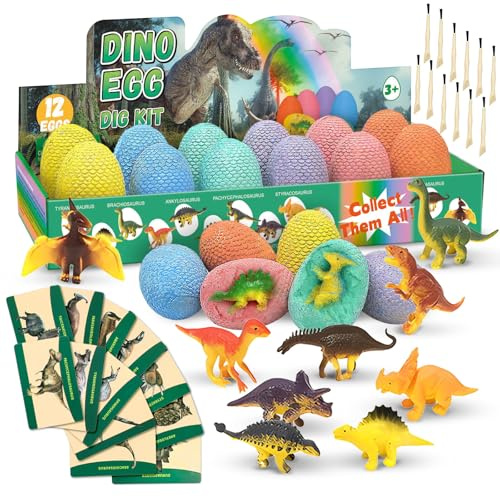 shallyong Huevos Dinosaurio, 12 Kit de Excavación Juguete Dinosaurios, Juego de Dinosaurio para Excavar para Niños, Arqueológica con Martillo y Cepillo, Juego Educativo para Niños y Niñas