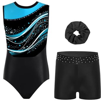 Xnihocha Drei Teiliges Turnanzug-Set Kinder Mädchen Gymnastikanzug Ärmellos Trikot mit Shorts und Haarband Eiskunstlauf-Kleidung Aufführungstraining Hellblau 146-152