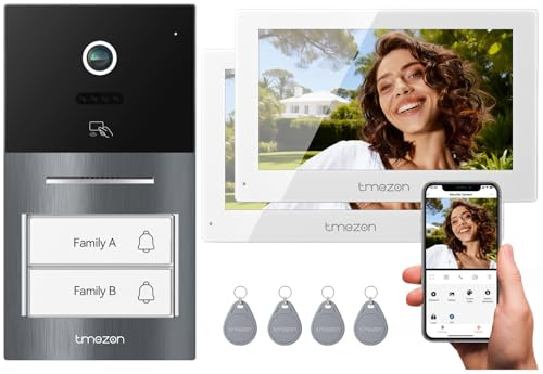 TMEZON Videoportero WiFi 2 Hilos,Sistema de Intercomunicación con 7'' Monitor Táctil a Color,Timbre Metálico de 1080P con Cámara,detección de Movimiento Humano,Desbloqueo en Remoto,para 2 familias